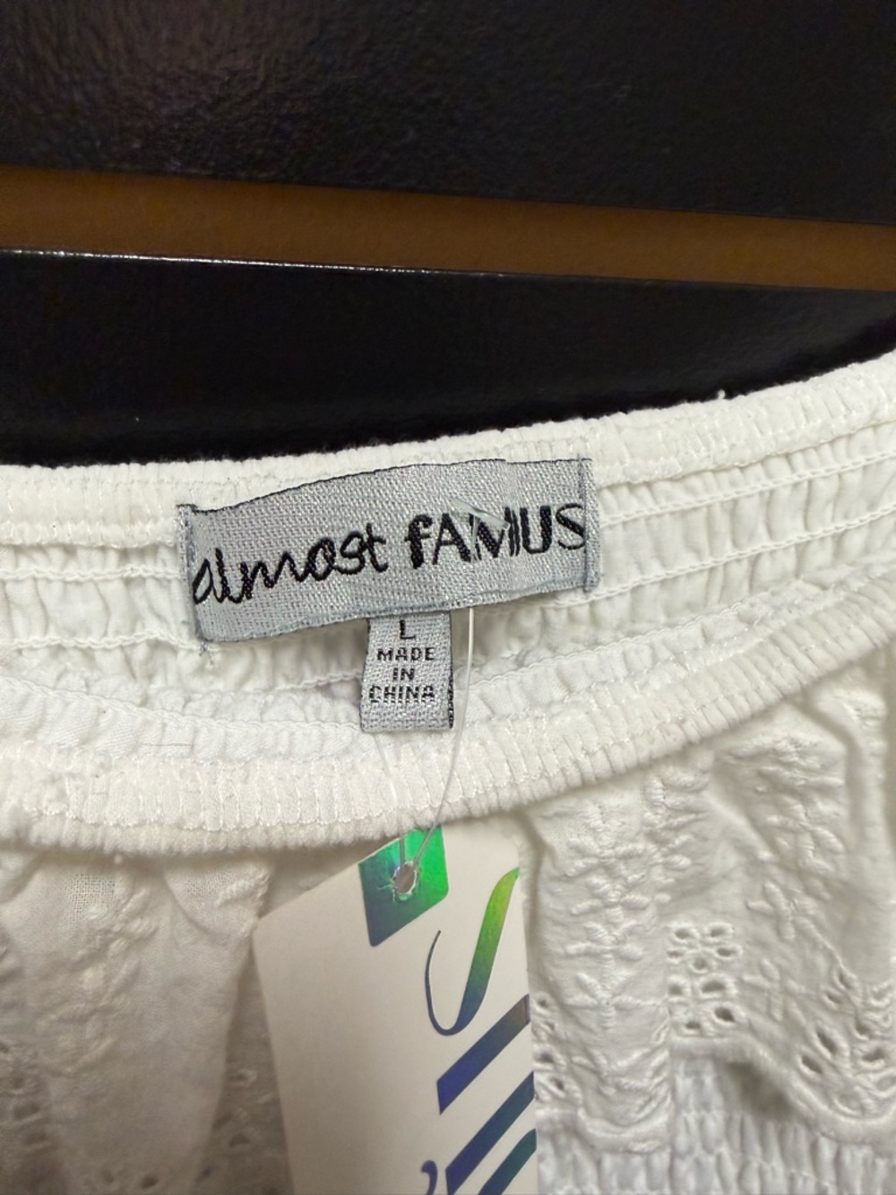 Almost Famous White Eyelet Ruffle Dress Smocked Bodice Boho Cottagecore Sz L NWT - Picture 2 of 4